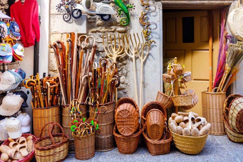 Morella, Spain - July 9, 2021: Baskets and other tourist souveni